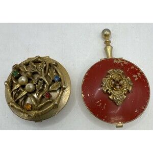 2 VTG  pocket ashtray multi jewels stones silver tone hinged pill/treasure box